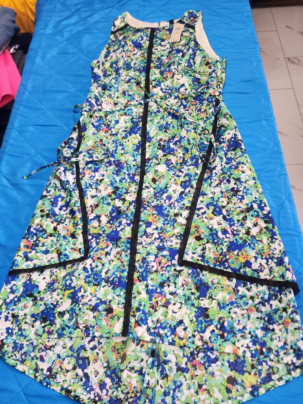 LOFT Floral Print A-Line Dress in Green, Blue, White